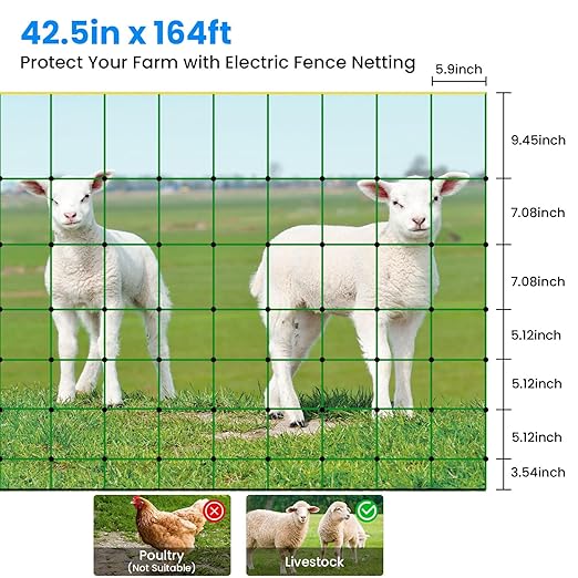 Electric Fence Netting, 42.5" H x 164'L, Portable Livestock Fencing Used in Backyards, Farms and Ranches, Electric Netting Fence for Cattle, Sheep, Goat, Hogs, Net Fencing with 14 Posts Double Spiked