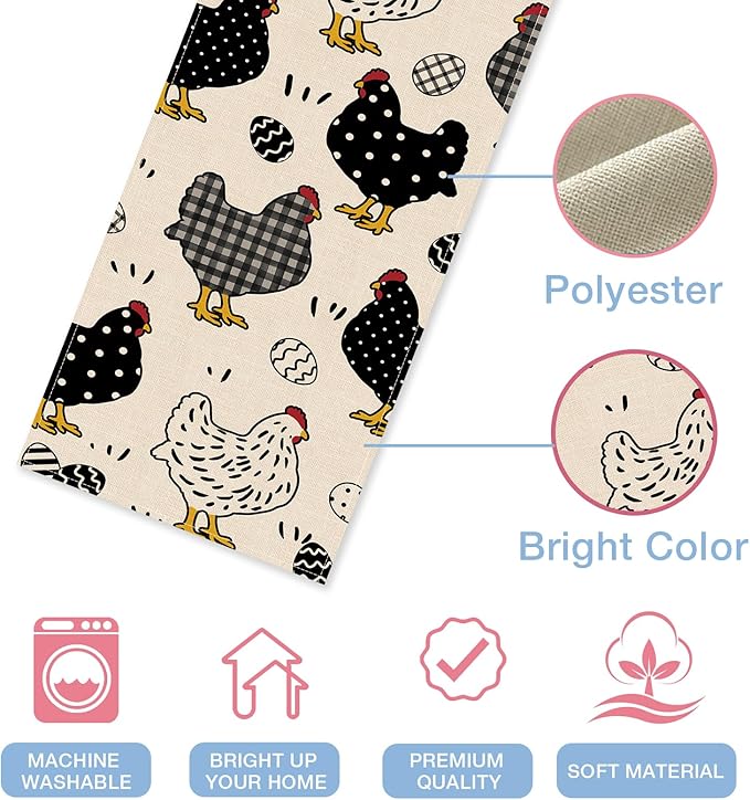 Seliem Chicken Hen Table Runner, Black White Eggs Plaid Polka Dots Farm Kitchen Dining Table Decor, Spring Farmhouse Burlap Home Decoration Indoor Outdoor Party Supply 13 x 36 Inches