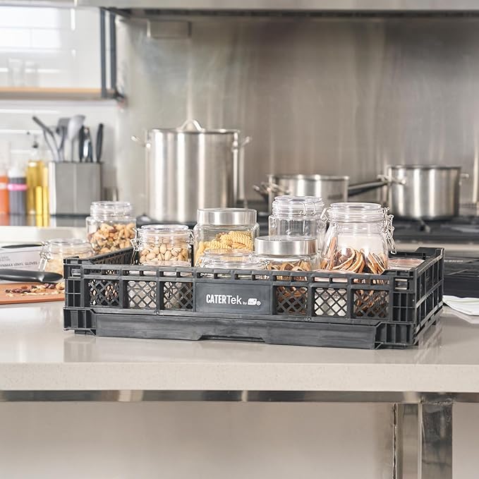 Restaurantware Plastic Milk Crates for Storage - 10 Pack - Cater Tek Stackable Storage Buns for Organizing - Collapsible Storage Basket for Groceries, Black