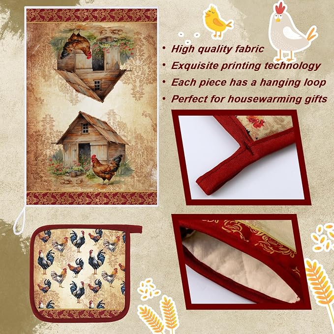 Leinuosen 6 Rooster Farmhouse Kitchen Decor Dish Towels Oven Mitts and Pot Holders Sets Chicken Kitchen Towels Absorbent Decorative Accessories for Cooking Baking Grilling
