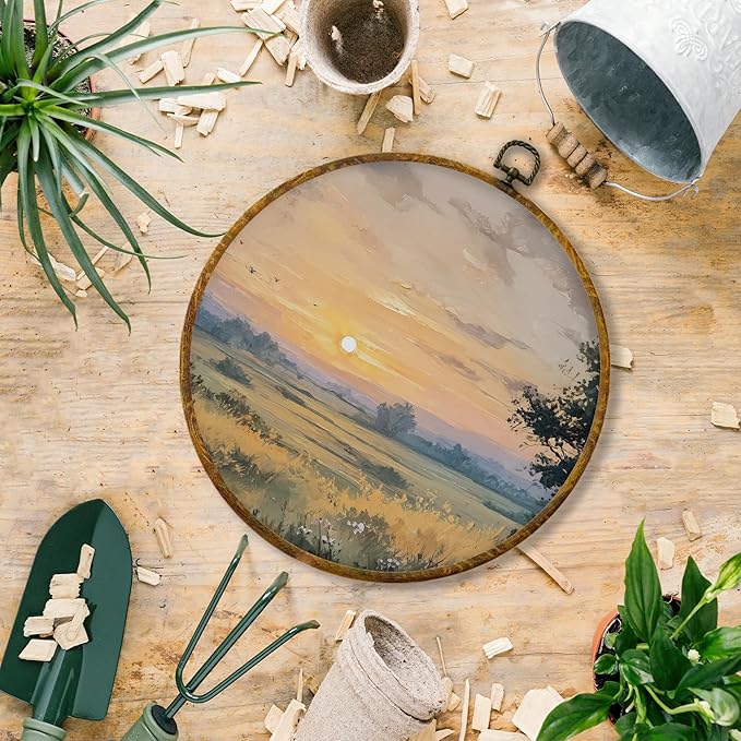 Hiuwevt Vintage Farmhouse Nature Round Wall Art Decor, Country Sunset Landscape Framed Canvas Prints, Rustic Cottagecore Round Wall Hanging Decor for Home Bedroom Living Room Decorations, 10x10 Inches