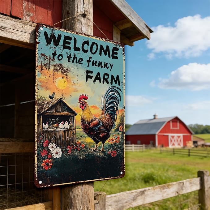 Chicken Decor Vintage Chicken Coop Signs Welcome To My Funny Farm Sign Retro Rooster Decor for Home Garden Outdoor Yard Farmhouse 12x16 Inch