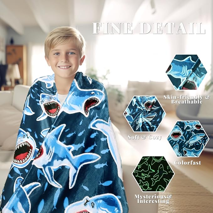 Glow in The Dark Shark Blanket for Boys Age 7-16, Large 60x80 Ocean Sharks Decor, Easter Birthday Gifts for Men Women Shark Lovers, Soft Plush Fleece Sharks Toys for Twin Full Bed