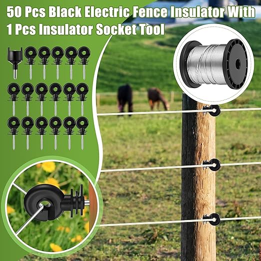 Electric Fence for Preventing Animals Intruding 2 Mile 110VAC 1 Joule Electric Plug in Fence, 50 Black Insulator and 1 Socket Tool 250ft Aluminum Wire for Animals and Keep Out Predators