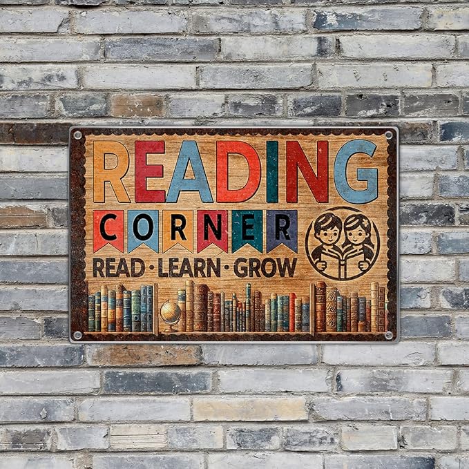 Vintage Metal Reading Corner Sign Learn Grow Book Lover Wall Art 12 x 8 Inch Educational Decor For Home Library Classroom And Kids Space Metal Kitchen