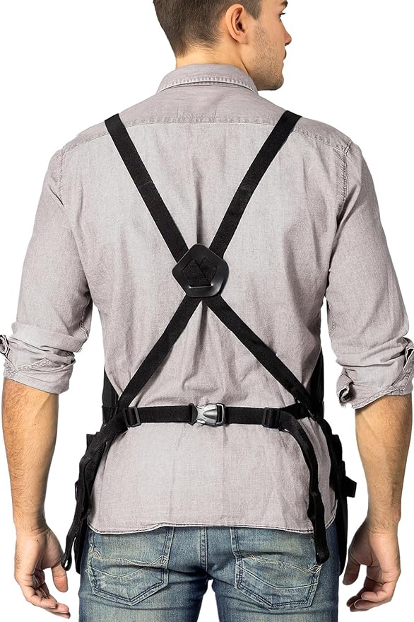 Under NY Sky Tool Apron - 20 Pockets and Slots, Cross-Back, Heavy-Duty Waxed Canvas - Woodwork, Garden, Shop (Black Cross-Back)