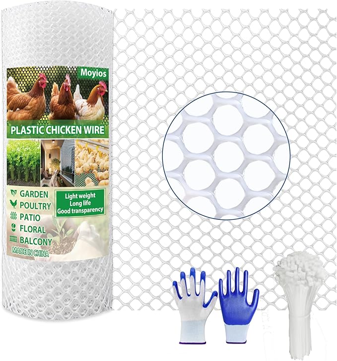 White Plastic Chicken Wire mesh 15.7IN x 33FT,Plastic Chicken Wire Fencing,Poultry Netting,Plastic mesh for Garden,Balcony Fence,Chicken Wire Frame for Crafts, Floral Mesh.with 100 Ties