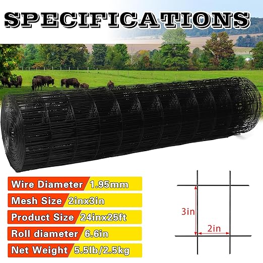 Welded Wire Fence 24inx25ft, 16GA, Mesh Size 2" x 3" Black Hardware Cloth, Chicken Wire Fence, PVC Coated Garden Border Fencing, Vinyl Coating Metal Wire Mesh for Yard, Dog Vegetable, Plant