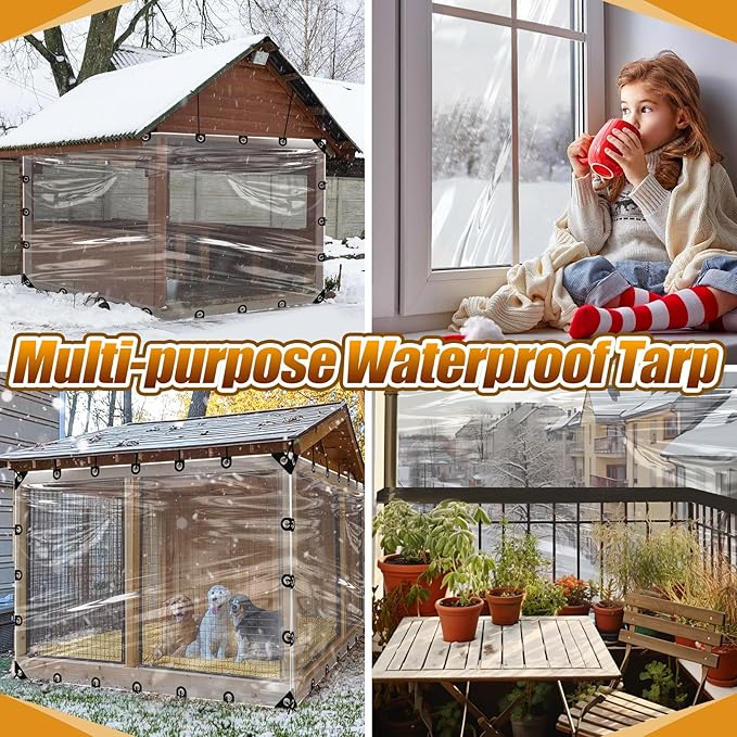 6x8ft Anti-Tear Clear Tarp Waterproof for Patio Winterizing - 5 mil Snowproof & Windproof Clear Plastic Tarps with Grommets for Garden Enclosure Chicken Coop