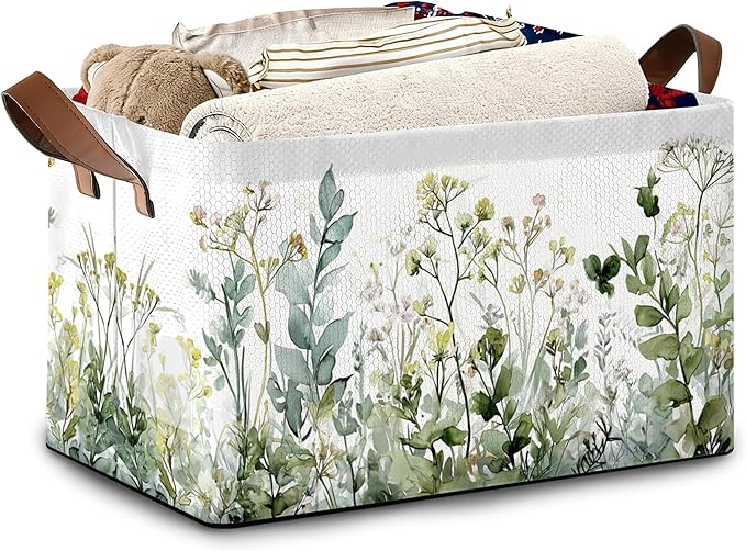 Wildflowers Herb Plants Storage Baskets,Foldable Large Capacity Organizer Bins with Waterproof Lining and Leather Handles for Closet,Shelf,Bedroom 17x11.5x10Inch