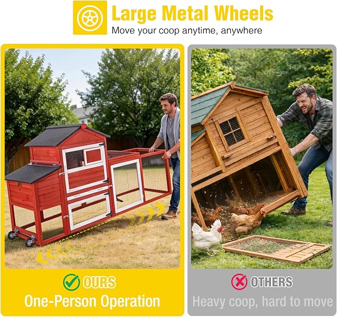 Aivituvin Mobile Chicken Coop with Wheels for 4-6 Chickens, Backyard Expandable Chicken House Duck Cage with Run, 2 Nesting Boxes, Easy Clean Pull-Out Tray, Leak-Resistant Asphalt Roof, 82.4"(Red)