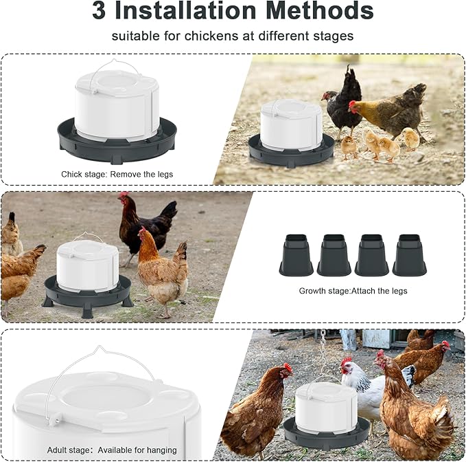 4.28L Heated Chicken Waterer - Winter Freeze-Proof Heated Poultry Waterer, 84W Hanging Chicken Water Heater with 4 Detachable Leg Support, Poultry Water Fountain for Chickens, Ducks（Round）