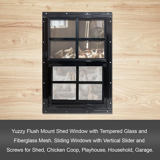 Yuzzy 14" x 21" Shed Windows with Tempered Glass and Fiberglass Screen, 2 Pack Small Sliding Windows for Shed, Chicken Coop, Playhouse, Household, Garage, Barns (Black)