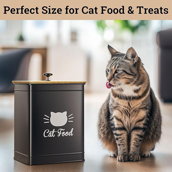 Cat Food Storage Container with Scoop - 5-7 lb (25 Cup) Capacity Metal Cat Food Container with Airtight Bamboo Lid and Metal Scoop - Airtight Pet Food Storage Containers 5 lb - 7 lb Kibble Container