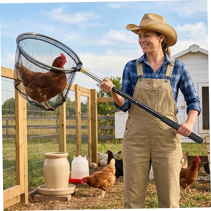 Chicken Net Adjustable Animal Net with Handle 16-60 Inch Telescoping Steel Pole with Folding Head for Catching Birds Poultry and Small Animals Chicken Butterfly Fishing Bird Catc