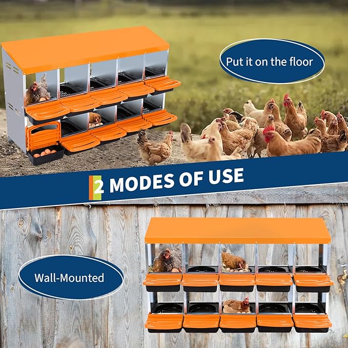 10-Hole Chicken Nesting Box, Roll Away Nest with Removable Tray, Rustproof Galvanized Steel, Easy Egg Collection & Cleaning, Wall-Mount Design - Orange