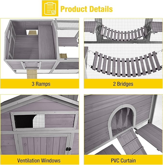 Large 2-Story Wooden Chicken Coop with Weatherproof Run & Canopy - Spacious Hen House for 6-8 Chickens, Rabbits, Ducks - Easy-Clean Design