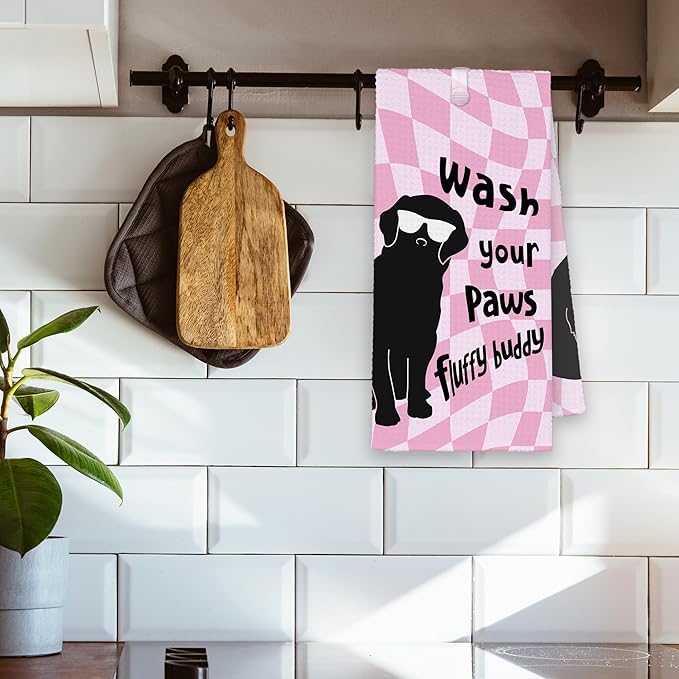 Pink Cute Dog Golden Retriever Bathroom Kitchen Towels, Wash Your Paws Hand Towel for Girly Room, Funny Gifts for Dog Lovers, Trendy Preppy Checkered Dish Towels Decor for Dorm 16x24in