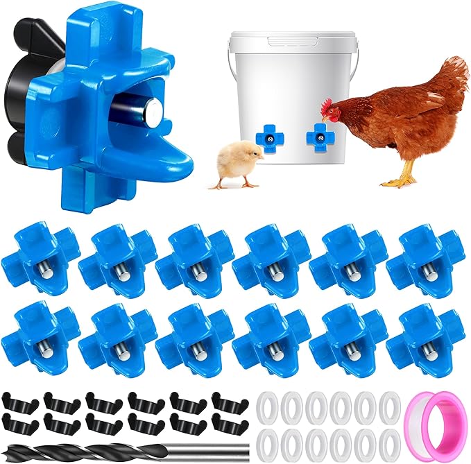 Dreyoo 12 Pcs Horizontal Chicken Waterer Nipples, Automatic Poultry Nipple Waterer with Drill Bits for Bucket Chicken Feeders, Non Leak Chicken Waterer Kit for Chicken Coop Outdoor