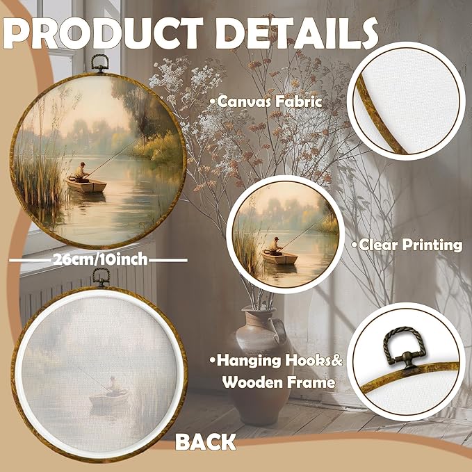 CUANFDDSF Vintage Fishing Round Wall Art, Fisherman In Rowboat Sunset Landscape Framed Hanging Wall Decor, Countryside Cottagecore Canvas Prints Decorations for Lake House Room, 10x10 Inch
