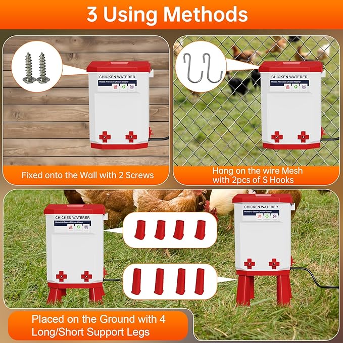 Heated Chicken Waterer, Thermostatically Controlled Poultry Water Heater for Winter, 4 Horizontal Nipples and 8 Support Legs, Anti-Freezing Watering System for Coop Accessories (Red, 3.2Gallon)