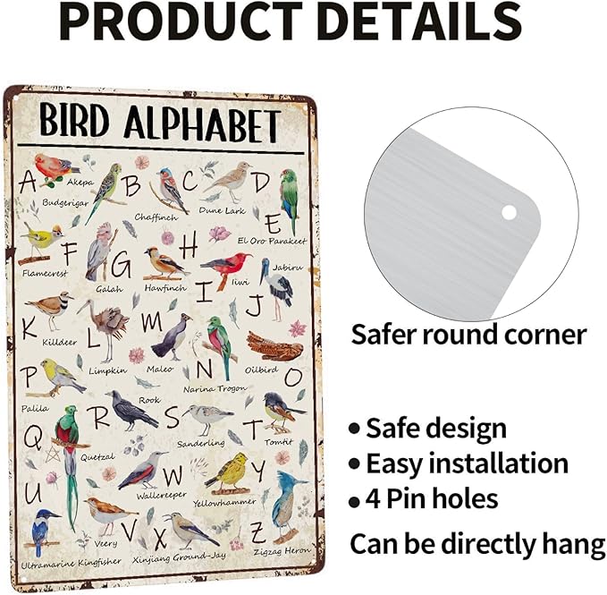 JOCASA Bird Alphabet Vintage Metal Poster Sign Decor-Retro Aluminum Metal Tin Sign for Home Wall Decor, Garden, Bedroom, Signs Gift,12''x 8''
