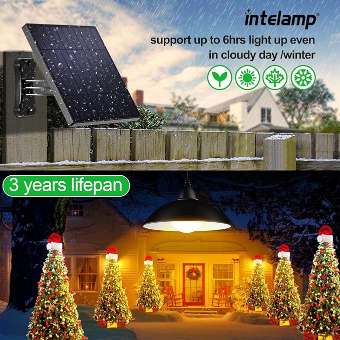 intelamp Solar Pendant Lights Indoor Outdoor, 2 Packs 4000mAh Gazebo Shed Chandeliers with Remote All Day/Night Mode 16.4Ft Hanging Warm White Lighting for Outside Barns Chicken Coop