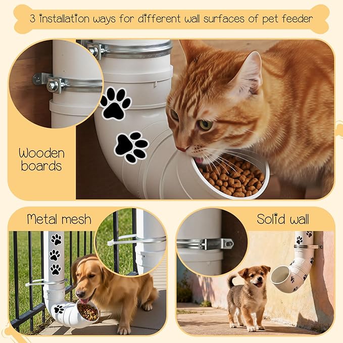 Gravity Dog Self Feeder with Puppy Paw Print Stickers 6 Pounds Large Capacity Hanging Pet Feeding Automatic Dispenser PVC Pipe Feeder for Cat Chicken Turkeys Indoor & Outdoor Use