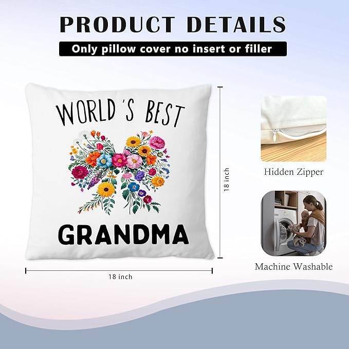 World's Best Grandma Pillow Covers 18x18, Best Grandma Gifts for Birthday Mother's Day from Grandkids, Coquette Colorful Flower Bow Grandmother Throw Pillow Covers for Home Bedroom Living Room
