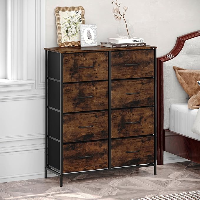 WelFurGeer 8 Drawer Fabric Dresser with Sturdy Metal Frame, Tall Dresser with Fabric Bins, Storage Chest of Drawers for Bedroom, Closet, Kids Room Organization, Rustic Brown Wood Grain Print