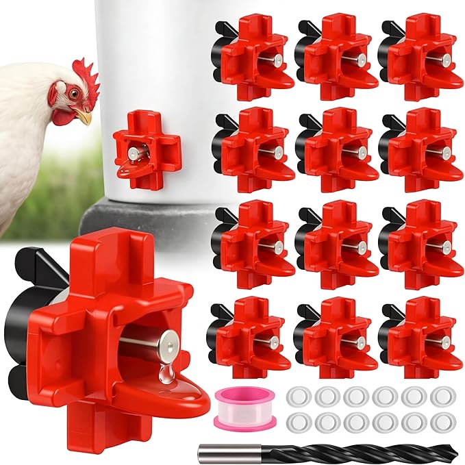 12 Pcs Horizontal Chicken Waterer Nipples with Drill Bit, Leakproof Chicken Water Nipple, Durable ABS Plastic & Stainless Steel Poultry Watering Nipples for Coop Outdoor Use