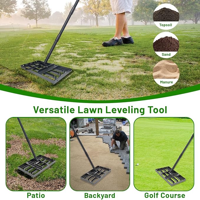 Lawn Leveling Rake 17"x10",Lawn Leveling Tool with 68" Long Adjustable Stainless Steel Handle for Leveling Soil,Grass,Sand or Dirt,Heavy Duty Lawn Leveler for Backyard,Garden,Golf Course,Farm,Pasture