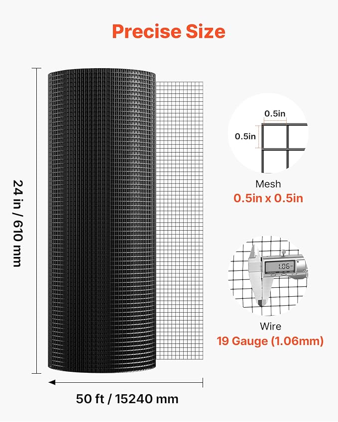 VEVOR Hardware Cloth 24 in x 50 ft, 1/2 in 19 Gauge Galvanized Wire Mesh Roll, Weather-Resistant Vinyl Coated Chicken Wire Fencing, Heavy Duty Welded Garden Plant Fencing for Rabbit Cage Snake Fence