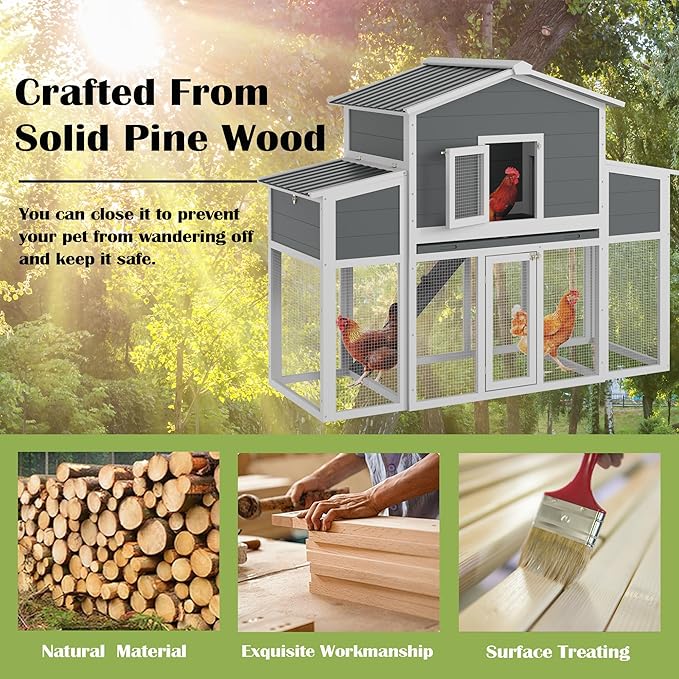 Wooden Chicken Coop with Run, Outdoor Chicken House with 2 Nest Boxes for 2-6 Chickens, Outside Hen House Poultry House Pet Hutch Chicken Cage with Waterproof Roof & Ramp, (66''LX32''WX53''H)