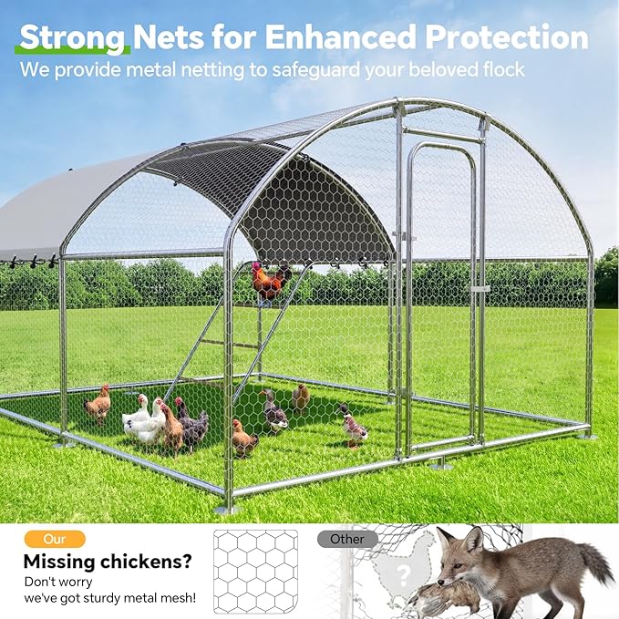 Chicken Coop with Roosting Perch, Large Metal Chicken Hen Run Poultry Cage with Water-Resident Cover for Rabbit Duck House Walk-in Chicken Pen for Yard, Dome Roof(10’ W x 13.2’ L x 6.4’ H)
