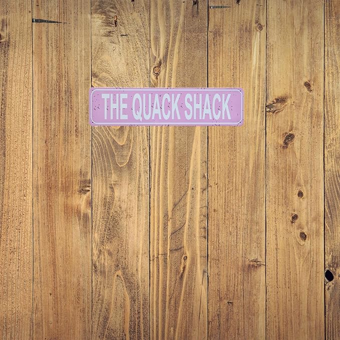 Quack Shack Retro Metal Tin Sign - Duck Waterfowl Chicken Coop Decor, Rustic Street Sign, Door Name Plate Plaque for Farmhouse Pub, Bar, Home Wall Art 16x4 Inch (pink)