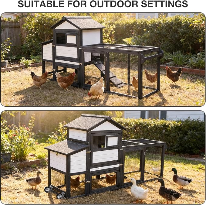Large Chicken Coop, 80.7" Outdoor Wooden Hen House with Run, Ramp & Leakproof Pull-Out Tray, Weatherproof Design, for 3-5 Chickens - Black