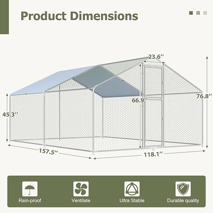 Large Metal Chicken Coop,19.7x9.8x6.4 FT Chicken Run for Yard with Waterproof & Anti-UV Cover,Walk in Chicken Pen with Feeding Door (13.1 * 9.8 * 6.4 ft)