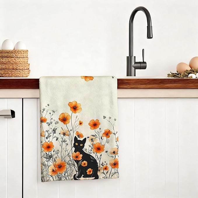 Black Cat Kitchen Towels Decorative Set of 4, Burnt Orange Floral Dish Towels Dish Cloths for Drying Cleaning, Soft Absorbent Cute Hand & Tea Towel, Cat Lover Kichen Decor & Gifts for Women