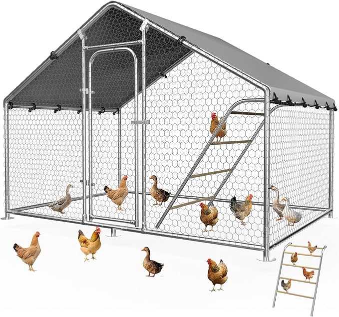 9.9x5FT Chicken Coop Large Metal Chicken Run Poultry Cage with Water-Resident and Anti-UV Cover for Duck Rabbit House Outdoor Walk-in Chicken Pen for Yard, Spire Roof
