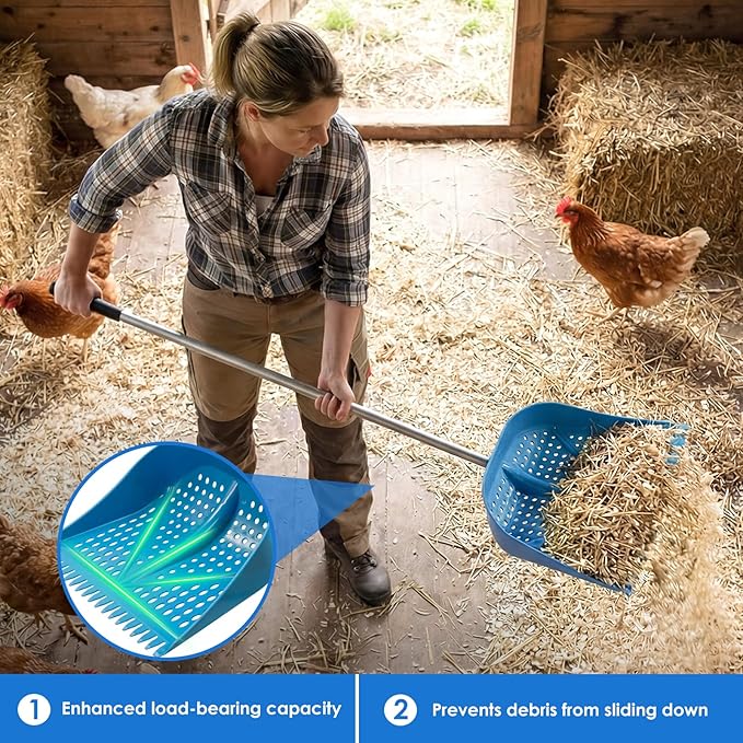 Chicken Poop Scooper & Rake 2-in-1, Adjustable Handle Length from 38" to 66", Features Manure Sifting Capability – Ideal for Chicken Coops and Farm Animal Cleaning (Blue)