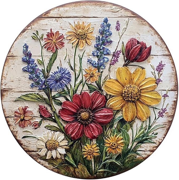 Metal Tin Sign Farm Fresh Flowers Signs Round Tin Sign for Home Farm House Rustic Garden Yard Vintage Outdoor Outside Porch Wreath Wall Funny Decor 12 Inch
