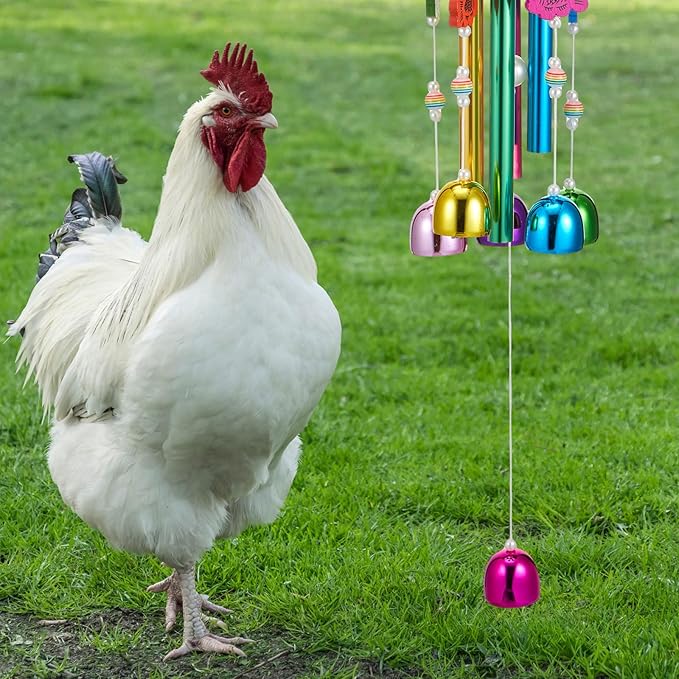 7 Pcs Chicken Toys, Hanging Chicken Wind Chime, 2 Pcs Coop Mirror Toys with Bells 4 Pack Beak Grinding Stones, Musical Coop Accessories for Hen Rooster Chick Poultry Birds(Yellow, Purple)