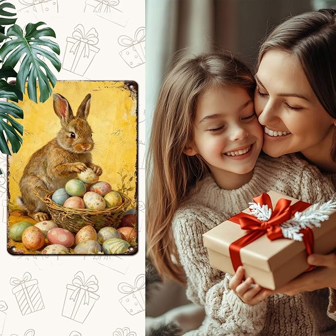 YoyaVex Easter Bunny Metal Sign Vintage Farmhouse Decorative Eggs Rustic Wall Art For Home Cafe Restaurant Garage Patio Garden Decor 12X16Inch