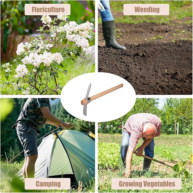 15.7in Hand Cultivator & Hoe Tool - Dual Head Stainless Steel Garden Pickaxe for Weeding, Digging, Planting - Ergonomic Wooden Handle for Farming, Landscaping, Bonsai Care