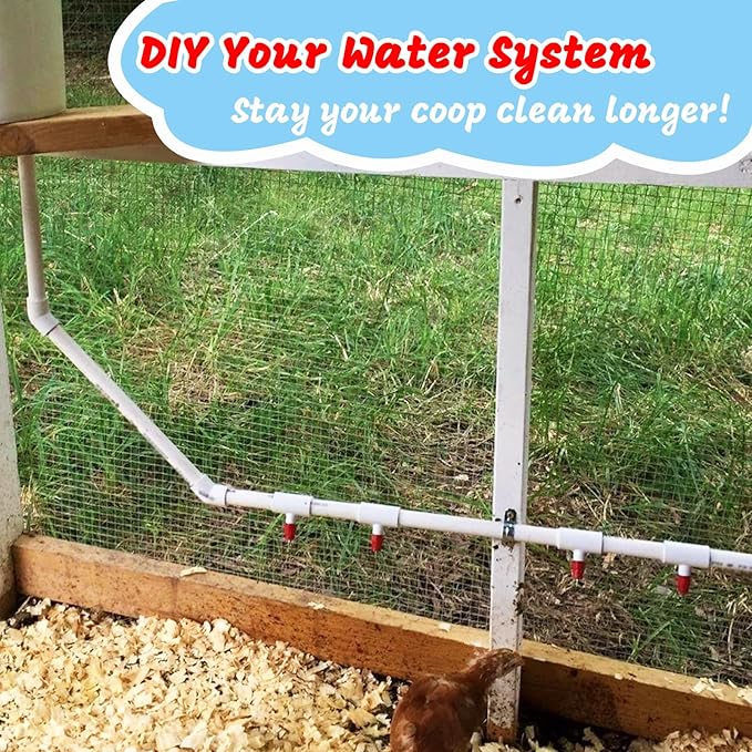 (16 Pack) Chicken Waterer Nipples + PVC Tee Fittings for 1/2" PVC Piping, Horizontal Poultry Nipples & Tees, DIY Chicken Watering System for Geese, Rabbits, Ducks
