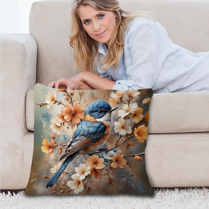 Vintage Floral Blue Bird Spring Pillow Covers 18x18, Bird Decor for Home, Cottagecore Floral Botanical Birds Nature Throw Pillow Covers for Home Living Room Bedroom