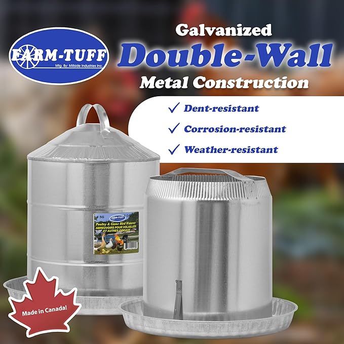 FARM-TUFF Galvanized Poultry Waterer, 5 Gallon Capacity - Double-Wall Poultry Fountain with Cone Top - Automatic Gravity-Fed Water Dispenser for Chickens, Ducks & Game Birds