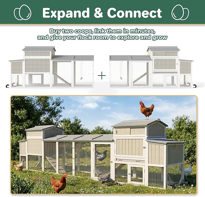 Chicken Coop with Run, Weatherproof Mobile Chicken Tractor Hen House with Wheels, Nesting Box, Roosting Bars, Pull-Out Tray, Asphalt Waterproof Roof & Fun Swing for Chickens Quails Small Animals