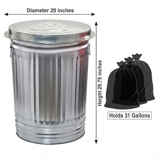 31 Gallon Galvanized Steel Trash Can with Lid - Heavy Duty Outdoor Metal Garbage Bin for Pet Food, Seed & Charcoal Storage - Rodent Proof, Weather Resistant & Rust Free